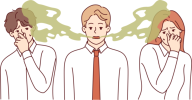 Unpleasant odor from man mouth irritated colleagues who feel disgust and hostility. Problem of odor from mouth is caused by poor hygiene rules or occurrence of caries and tooth decay. png