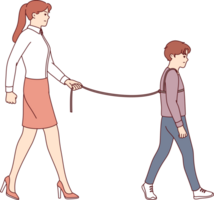 Problem of hyperprotection and lack of freedom for child, due to mother tying son during walk. Boy suffers from hyperprotection caused by psychological disorder of mother, who is afraid to let go png