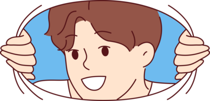 Smiling man looks at screen through hole in material, sharing positivity and good mood with you. Curious smiling guy spies on competitors or colleagues discussing confidential information png