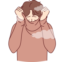Depressed man hides face behind collar of sweater, feeling shame of actions. Upset guy covers head with shame, trying to hide from others and public censure, causing stress and depression png
