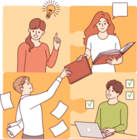 Successful team of friendly people who form single puzzle thanks to synergy and collaboration. Professional group with laptop or papers carry out complex projects after team building activities png