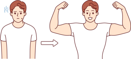 Muscular man shows off biceps, standing next to previous version of himself, rejoicing at successful transformation. Muscular guy achieves success in bodybuilding thanks to motivation and ambition png