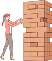 Woman plays jenga game, pulling blocks from giant tower, to develop skills of equilibrium and balance that allow to succeed. Jenga game for entertainment and fun free time with friends or alone png