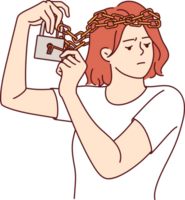 mulher com mental transtorno e cadeia em cabeça é tentando para livre ela mesma a partir de mental algemas. menina psicológico problemas estão causou de pobre auto estima e assédio moral ou discriminação a partir de outras png