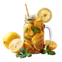 Fresh lemonade drink of soda water lemon and mint leaves in glass jar with drinking straw for advertisement clip art and element png