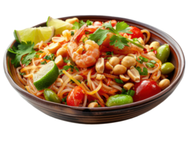 Fried noodle Thai style and prawns with ingredients in dish. Food clip art and element png