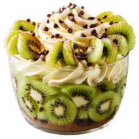 Kiwi trifle with whipped cream and vanilla ice cream with slices and currant chocolate topping in glass. Clip art and element png