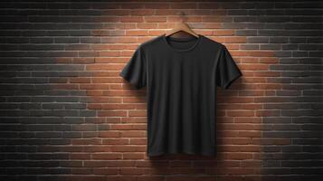 The simplicity of a black tee paired with the rough texture of a brick wall, creating a high-impact, visually striking urban aesthetic. photo