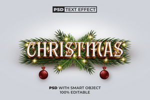 Christmas Text Effect Gold Style. Editable Text Effect With Christmas Tree Branch Lights And Ball. psd