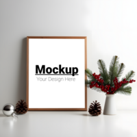 Wooden Frame Display with Pine Cones and Evergreen Branches psd