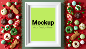 Mockup of the frame on the table next to the Christmas sweets psd