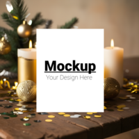 New Year Greeting Card Display on Table with Festive Background psd