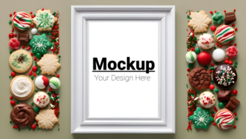Frame Display on Table with Festive Christmas Sweets psd