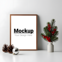 Rustic Wooden Frame Mockup with Pine Cones and Evergreen Leaves psd