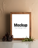 Mockup of a wooden frame with pine cones and a sprig of evergreen psd