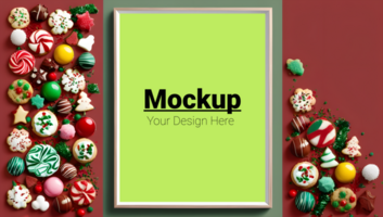 Mockup of a Frame on the Table Next to Christmas Sweets psd