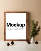 Mockup of a Wooden Frame with Pine Cones and Evergreen Sprig psd