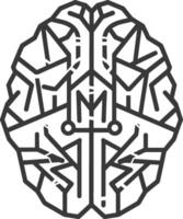 stylized black and white illustration of a human brain with lines and circles representing connect vector