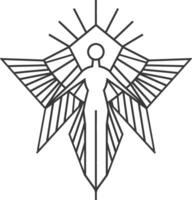 stylized human figure with wings and a radiant aura depicted in a minimalist geometric style vector