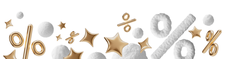 Elegant footer with floating percentage symbols and snow balls, on transparent background. Special winter offers discounts. Modern border. Golden and white colors. Bottom of the sheet. 3D render. png