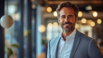 Charming Businessman with a Confident Smile in Modern Office photo