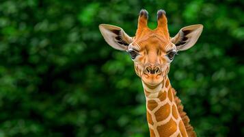 A tall giraffe looks curiously at the camera against a background of green foliage, copy space photo