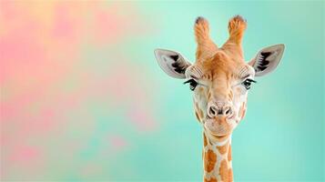 A tall giraffe is curiously looking at the camera against a blue background, copy space photo