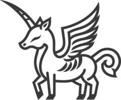 A black and white drawing of a unicorn with wings vector