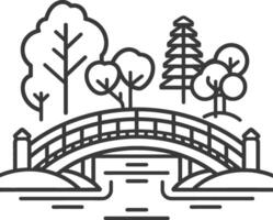 Japanese bridge over river and trees line icon illustration vector