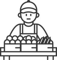 A man is standing in front of a table with a box of food vector