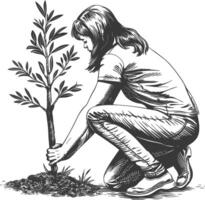 A woman is planting a tree in a sketch vector