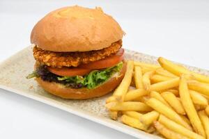 Gourmet American-Style Breaded Chicken Burger and Fries photo