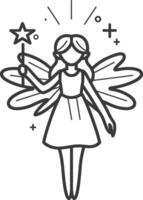 Line Drawing of a Fairy with Wings Holding a Magic Wand vector