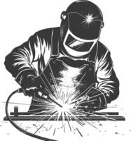 Welder welding metal on a metal plate vector