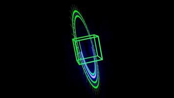 Dynamic neon cube rotation with pulsating energy waves in dark space video