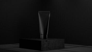 Elegant black packaging showcased on a minimalist stand in a studio setting video