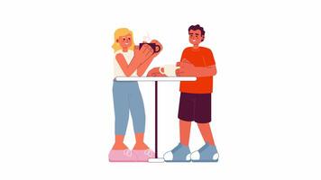 Coffee outing cartoon animation. Drinking caffeine beverages in coffeeshop 4K motion graphic. Young diverse friends date in cafe animated 2D characters isolated on white background video