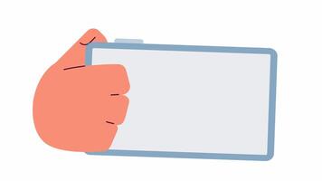Hand holding smartphone with blank screen 2D animation. Mobile phone using cartoon flat 4K , alpha channel. taking with digital device animated arm isolated on white background video
