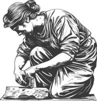 An engraving of a woman working on a piece of wood vector