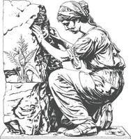 A woman is kneeling down and looking at a rock vector