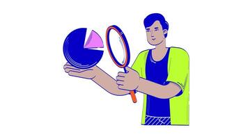 Data analyst magnifying glass doodle animation. Indian man with loupe holding chart 4K motion graphic. Strategy planning statistician animated 2D flat cartoon concept, white background video