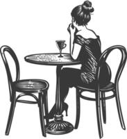 A black and white drawing of a woman sitting at a table with a glass of wine vector