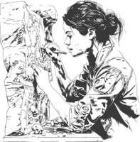 A woman is drawing on a wall with a pencil vector