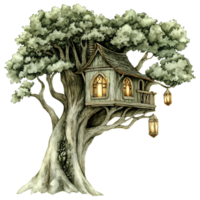 A Treehouse Nestled in the Branches of a Tall Ancient Tree with Soft Green Leaves and Glowing Lanterns png