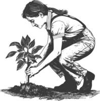 A black and white drawing of a woman planting a tree vector