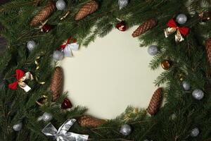 Background for new year 2025. New year's theme on white surface with fir branches. Design for greeting card. photo