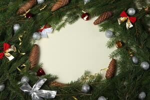Background for new year 2025. New year's theme on white surface with fir branches. Design for greeting card. photo
