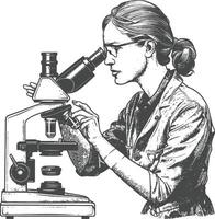 A woman in a lab coat is looking through a microscope vector