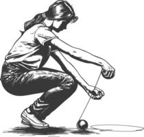 A black and white drawing of a girl playing with a ball vector