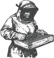 Beekeeper with a hive and a box of honey vector